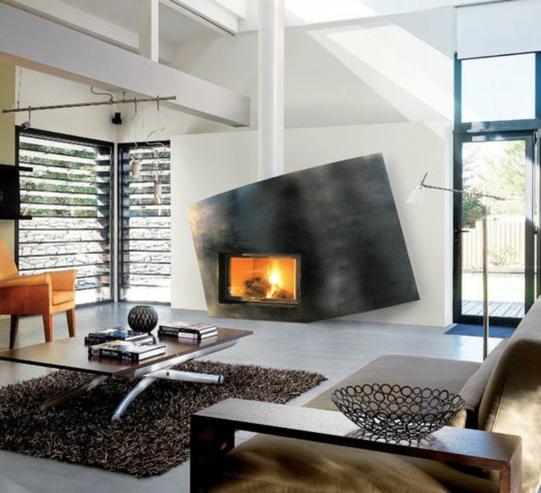 cheminée design centrale moderne intérieur tapis de sol salon