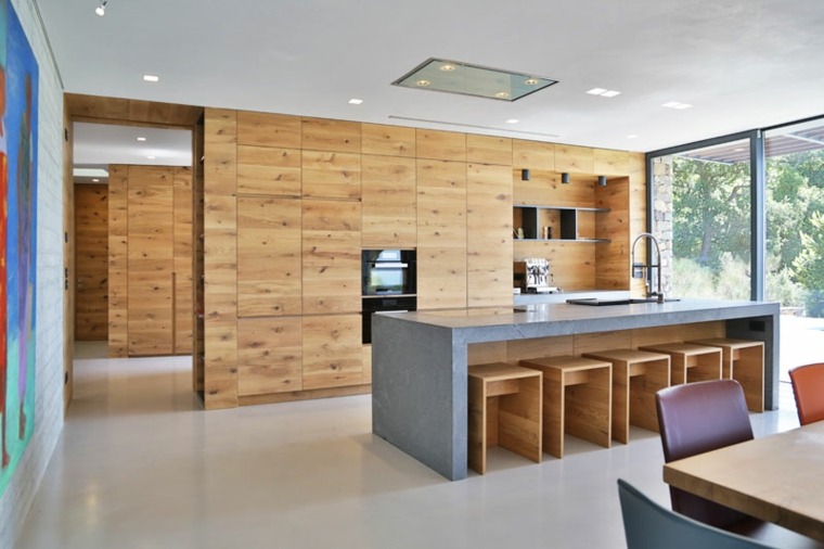 cuisine design bois moderne mobilier tendance tabouret bois ilot central évier 