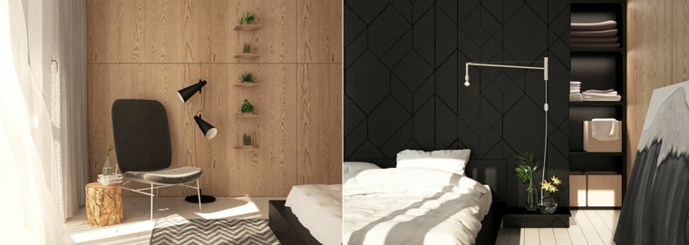 plantes vertes mur bois idée chambre à coucher modenre chaise tapis de sol rayures noir blanc