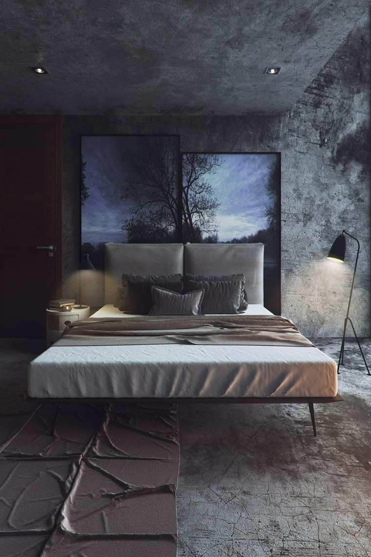 lit design chambre à coucher moderne tête de lit grise design tapis de sol luminaire 