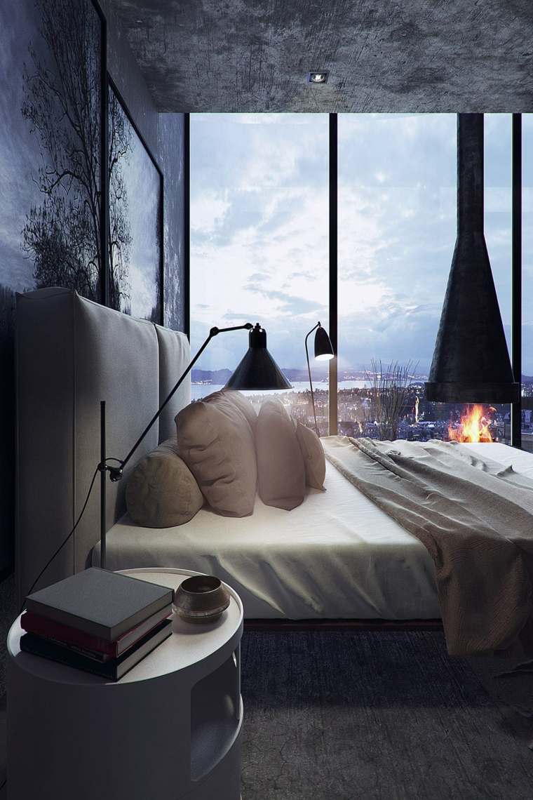 chambre à coucher design coussins moderne table basse cheminée faux plafond éclairage