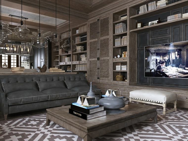 style néoclassique salon design intérieur table basse bois pouf blanche design télévision moderne tapis de sol 