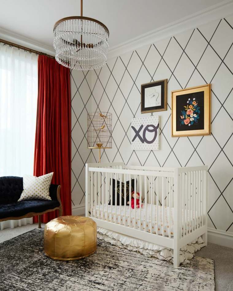 lit bébé design mur papier peint motif graphique déco mur cadres luminaires suspension