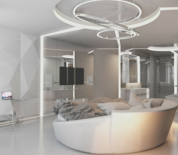 intérieur chambre à coucher lit rond moderne design futuriste idée télé