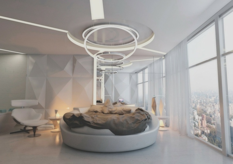 intérieur chambre à coucher design lit rond moderne fauteuil blanc design mur 