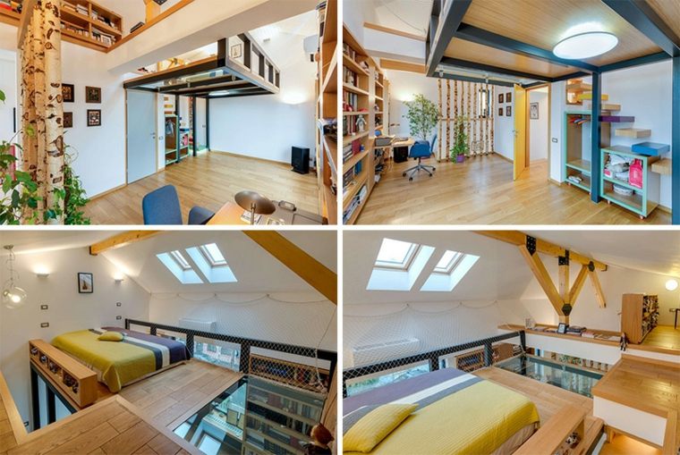 loft moderne design intérieur mobilier bois lit mezzanine
