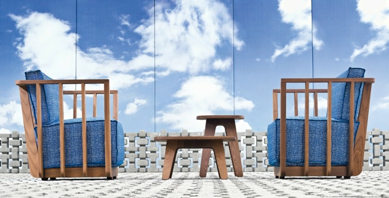 mobilier de terrasse table basse bois fauteuil moderne coussins 