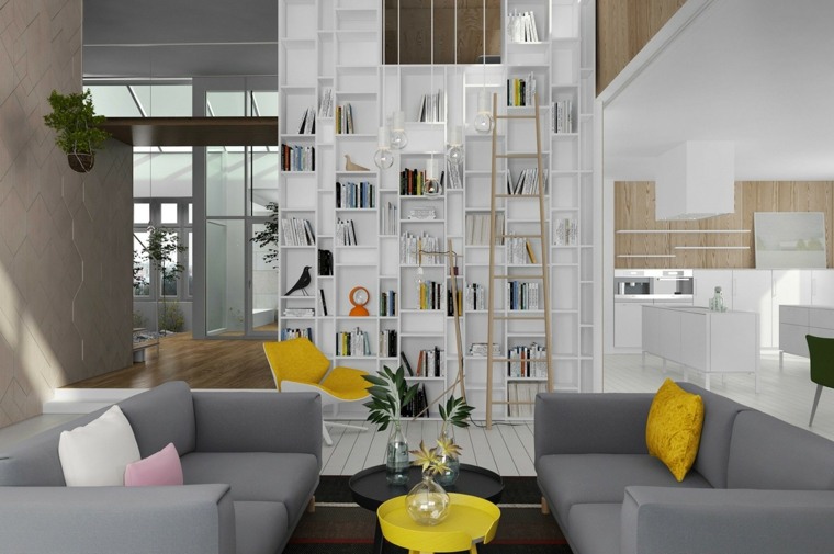 plantes vertes bibliothèque design bois canapé gris coussins fauteuil jaune plante moderne