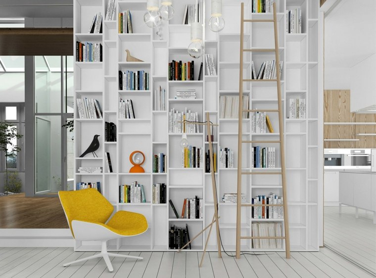 plante verte intérieur design bibliothèque bois design fauteuil jaune moderne parquet bois