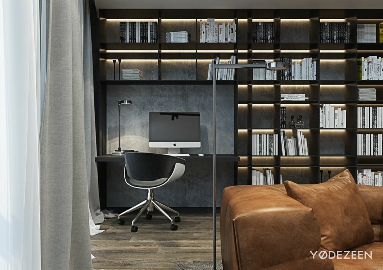 espace travail idée salon canapé cuir bibliothèque design moderne 