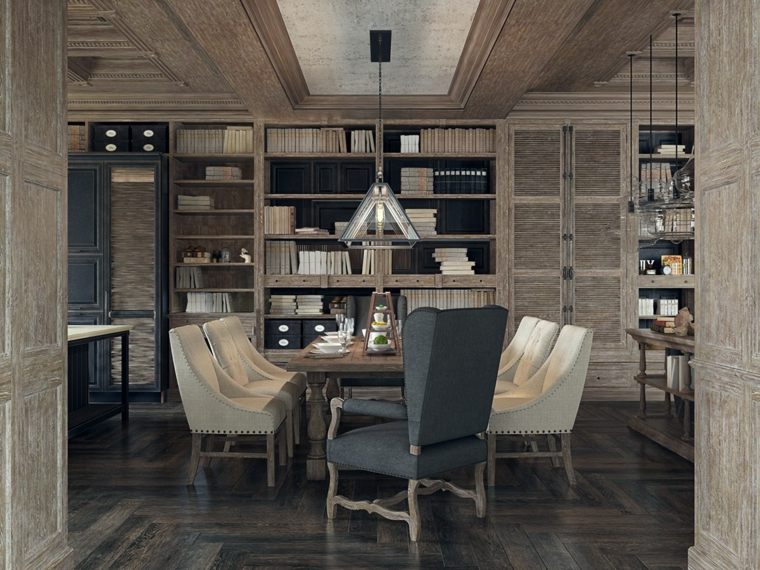 salle à manger style néoclassique moderne table en bois fauteuil luminaire suspension bibliothèque bois 