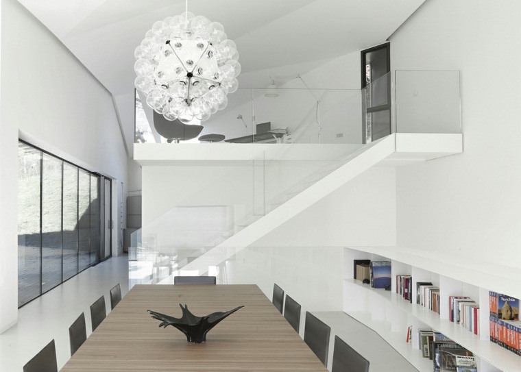 intérieur minimaliste salle à manger luminaire suspension bibliothèque étagères