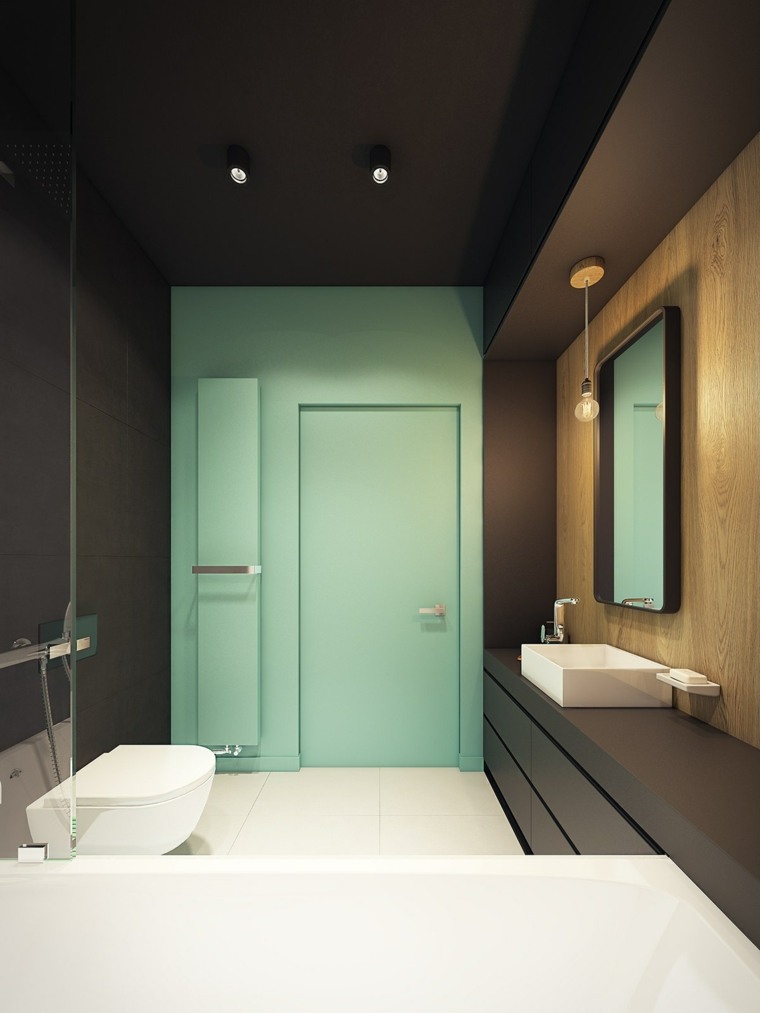 couleur turquoise salle de bains design noir mat porte bois 