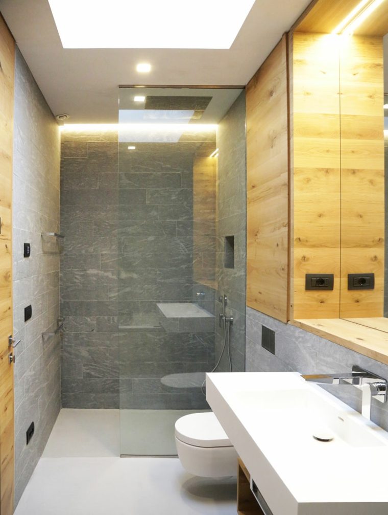salle de bains design cabine douche pierre bois evier toilettes