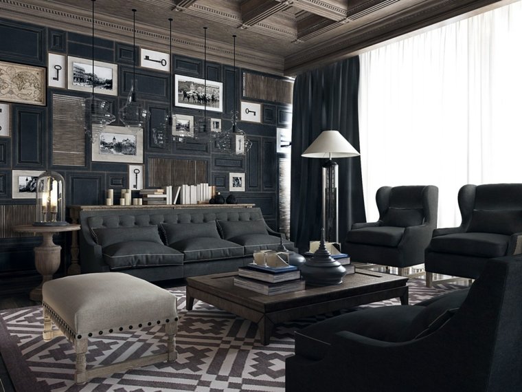 style néoclassique salon canapé noir déco mur cadres tapis de sol pouf grise