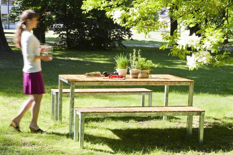 mobilier de jardin bois teck design banc acier design moderne