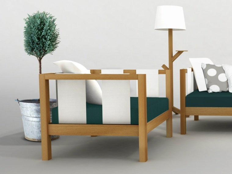 mobilier de terrasse en bois design fauteuil coussins plantes modernes 