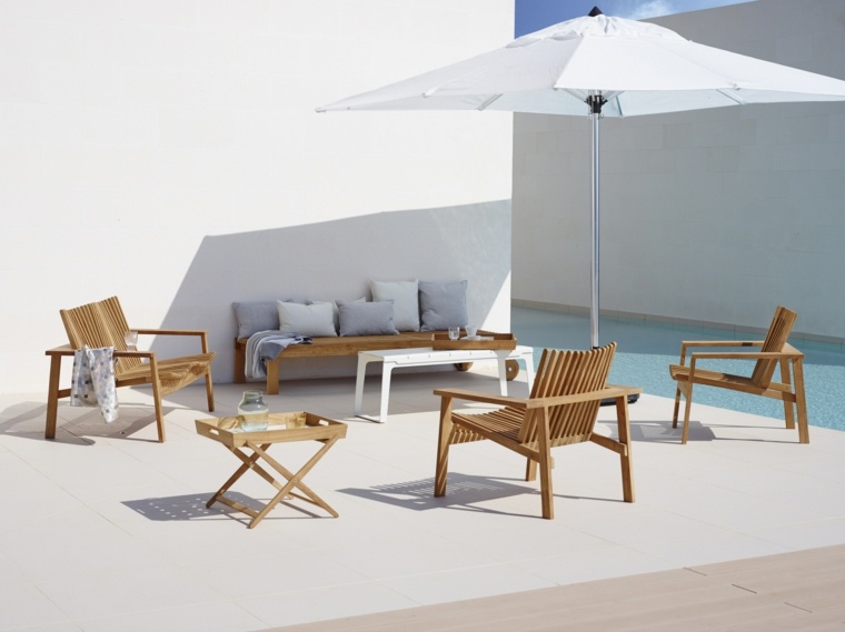 mobilier jardin teck design table basse moderne coussins idée parasol 