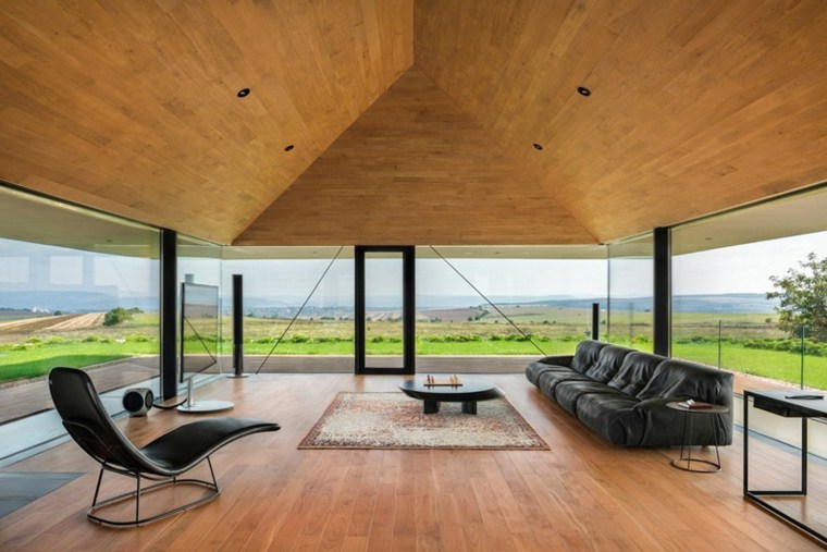 plafond bois design moderne canapé noir cuir parquet bois tapis sol 