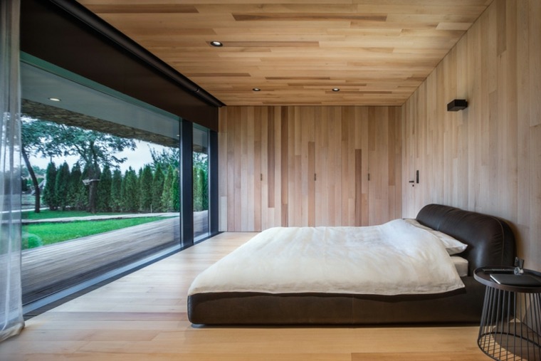chambre à coucher design lit mur bois idée éclairage tendance moderne table basse 