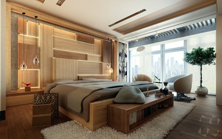 idée chambre éclairage tête de lit bois luminaire suspension lit coussins banc en bois tapis de sol beige