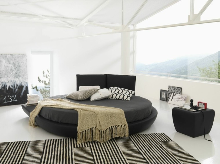 lit rond moderne minimaliste idée tête de lit noir tapis sol rayures 