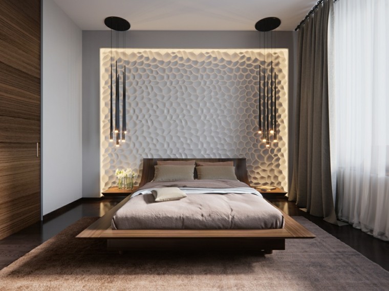 intérieur chambre à coucher idée lit tête de lit luminaire suspension tapis de sol 