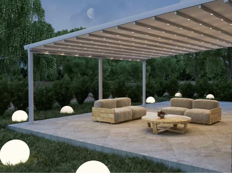 pergola motorisée design idée salon jardin table basse bois design luminaire éclirage extérieur jardin 