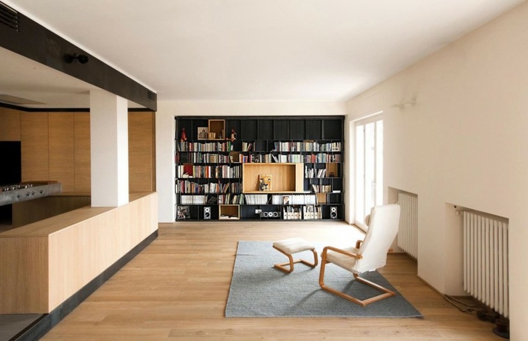appartement privé design idée fauteuil biliothèque moderne parquet bois