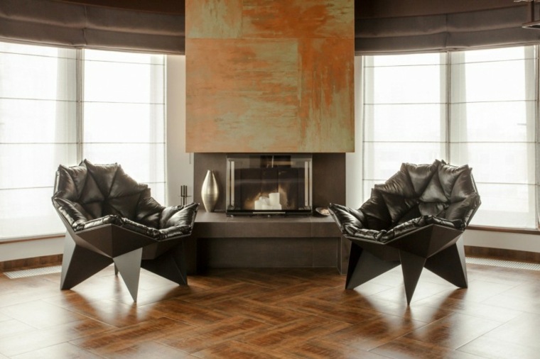 appartement contemporain design fauteuil cheminée ouverte parquet design