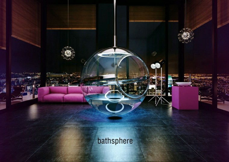 baignoire en verre design forme boule suspension moderne design canapé rose