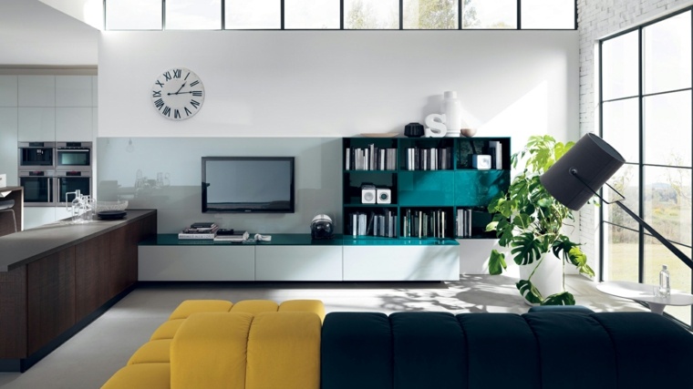 espace design salon idée étagères bois montre mur canapé 