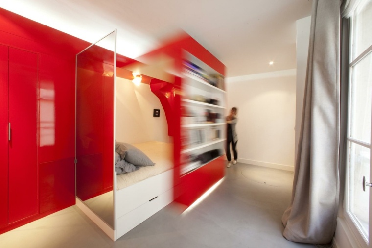 design petit appartement aménager idée studio rouge étagères