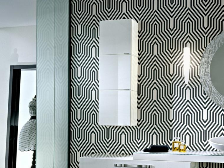 idée aménager espace pièce d'eau papier peint noir blanc miroir rond