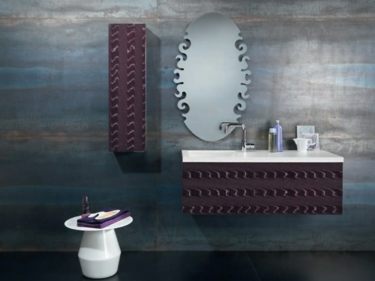 meuble violet design bois salle de bain miroir