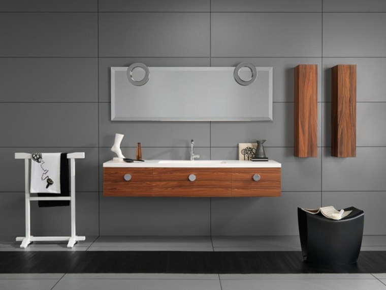 meuble en bois mur salle de bain rangement design idée miroir 