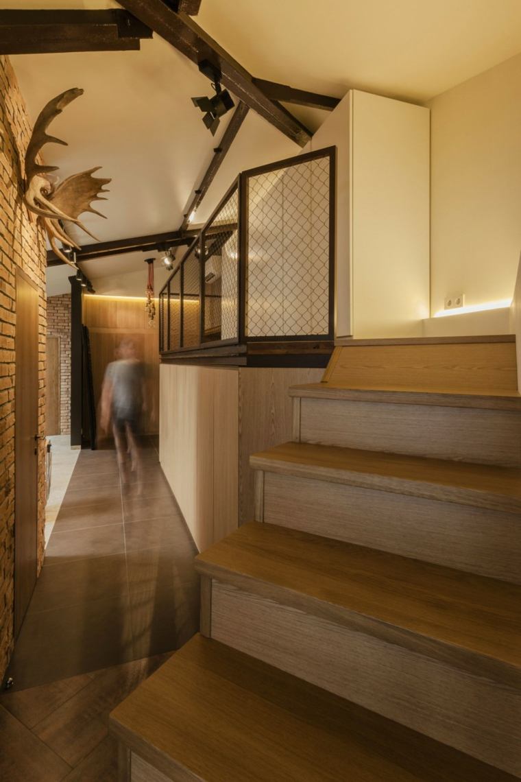escalier bois design couloir mur briques moderne intérieur