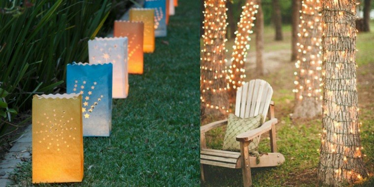 déco de jardin guirlande lumineuse idée lampe chaise-longue bois