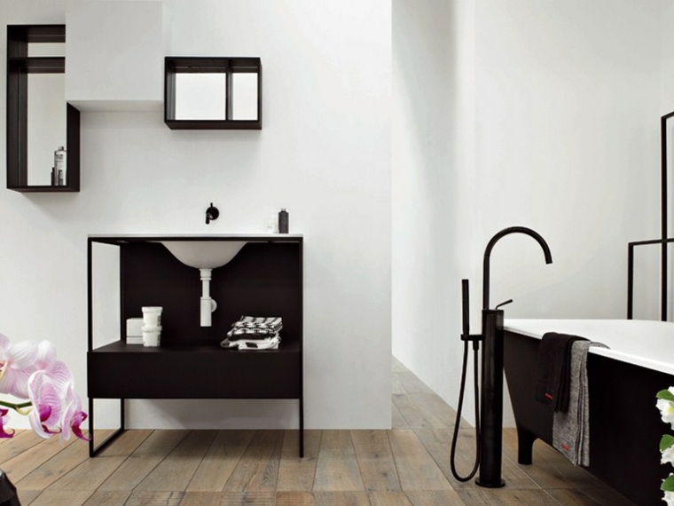 meuble pour petite salle de bain design moderne idée baignoire blanche noire