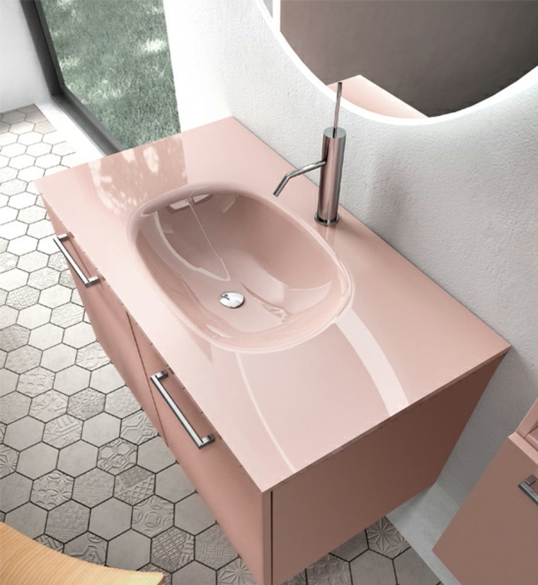 meuble sous-vasque salle de bain rose carrelage sol mur blanc miroir