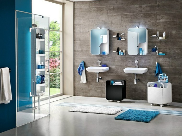 meuble pour salle de bain design bois roulettes miroir cabine douche