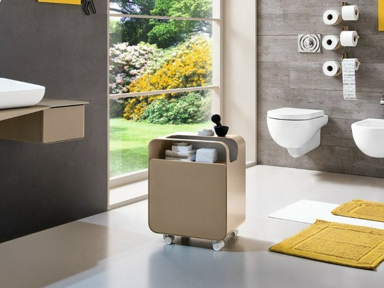 meuble design salle de bain roulettes rangement moderne tapis sol jaune