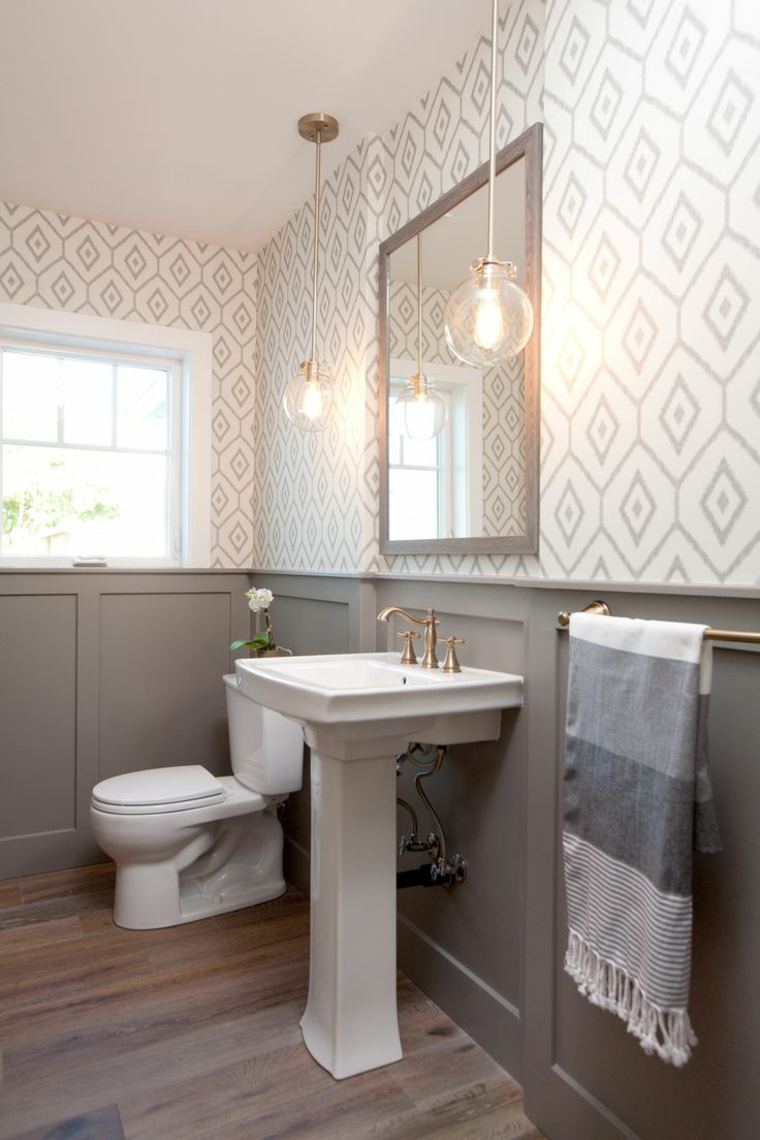 salle de bains papier peint idée motifs originaux évier miroir luminaire suspension