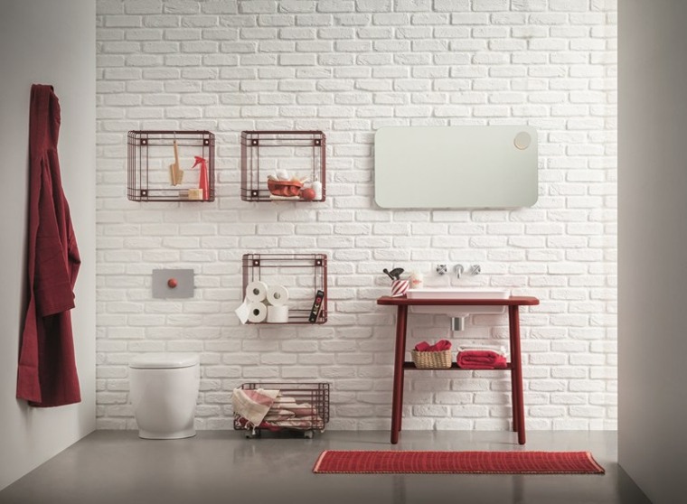 meuble pour petite salle de bain meuble mural idée mur briques blanches miroir