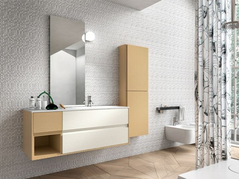 meuble en bois salle de bain design mur moderne miroir parquet bois rideaux