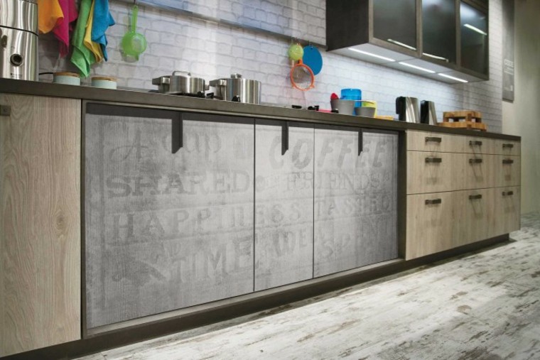 mobilier cuisine industrielle bois design gris ciment mur briques