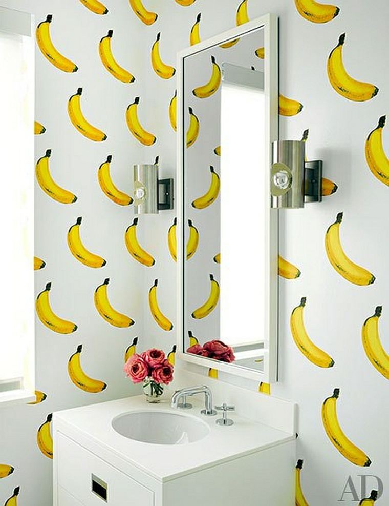 papier peint pour salle de bains idée bananes design évier fleurs déco