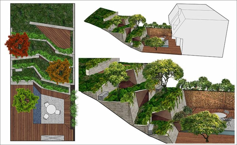 plan et maquette 3D du jardin paysager