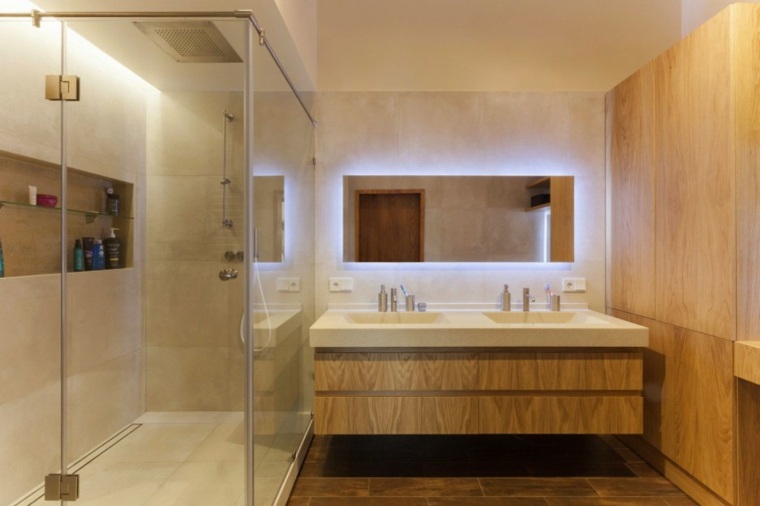 salle de bains bois miroir cabine douche carrelage sol miroir mur
