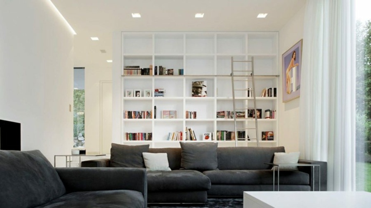 bibliothèque salon moderne idée aménager canapé gris coussins